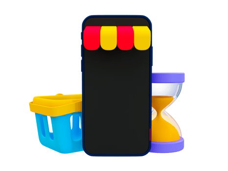 3d online store mockup. special discount smartphone template. online marketing template. blank screen smartphone with shopping cart and hourglass. 3d rendering illustration. png