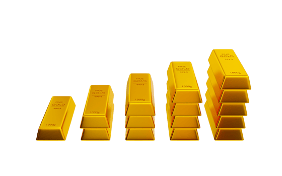 3d realistic stack of gold. gold growth concept. the growing pile of gold bars. 3d rendering illustration. png