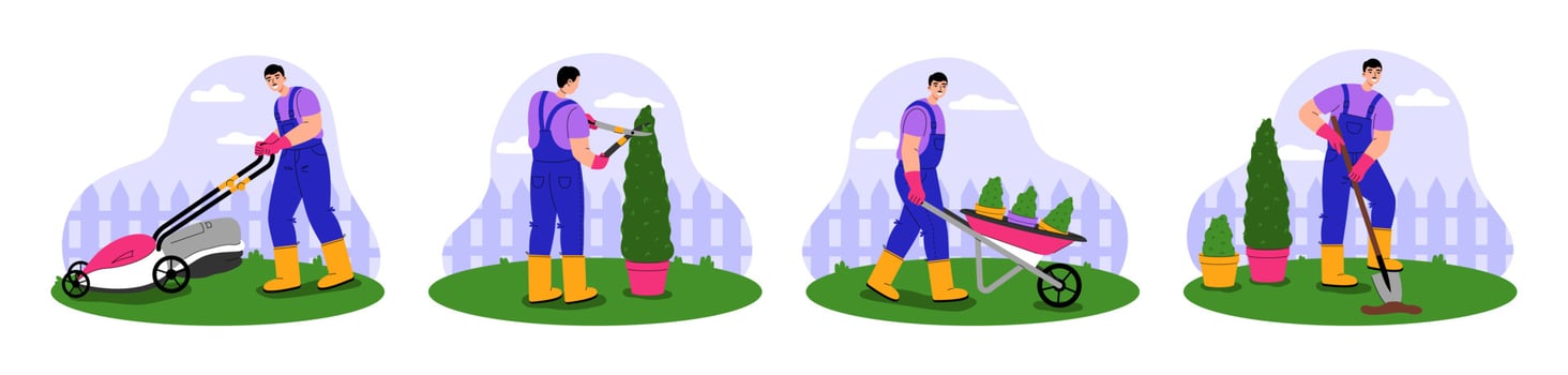 Male gardener working set. Handyman character mowing grass, trimming bush, rolling wheelbarrow and digging. Garden maintenance concept. Flat vector illustration.