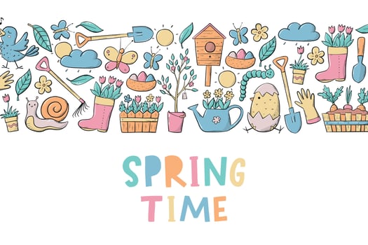 Spring time banner, print, poster, template, card decorated with quote and horizontal border of doodles. EPS 10 vector