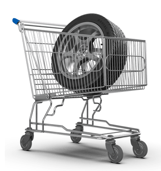 Car tires in shopping cart with shadow 3d render png
