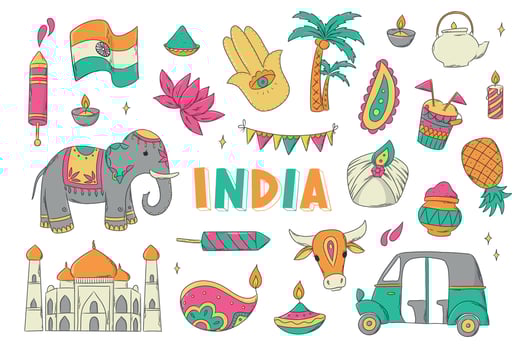 Indian culture clip art, doodles, cartoon stickers, icons. Holi festival, diwali theme doodles. Good for prints, cards, planners, sublimation, etc. EPS 10 vector