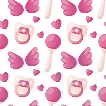 Seamless pattern with cute pink baby dummy, angel wings, rattle, hearts. Child nipple, ratchet, pacifier. Baby shower invitation. It's a girl. Hello baby celebration, holiday, event. Banner, flyer. vector