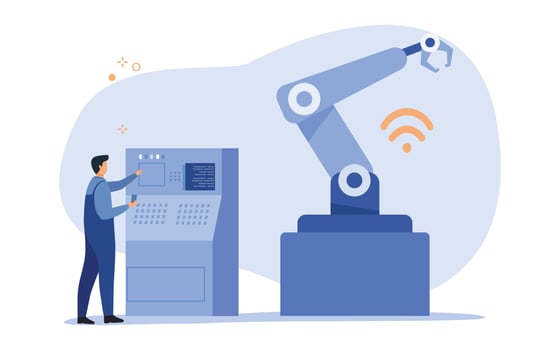 Smart intelligence technology in industrial factory. Engineer using computer and wearing app on a smartphone and smart automated production line with workers and robots. Vector illustration.