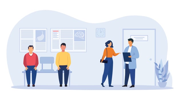Patients sitting in chairs and waiting for doctor's appointment time at hospital. Man and woman at physician's office or hospital. Medical vector illustration concept.