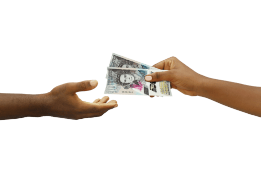 Hand giving 3D rendered  Eastern Caribbean Dollar notes to another hand. Hand receiving money png