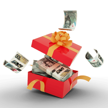 East Caribbean Dollar notes inside an open red gift box. East Caribbean Dollars inside and flying around a gift box. 3d rendering of money inside box isolated on transparent background png