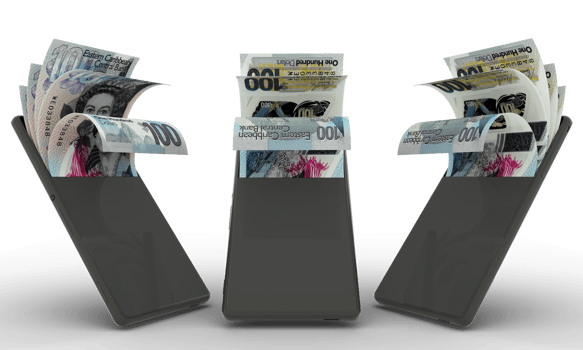 East Caribbean Dollar notes inside a mobile phone. money coming out of mobile phone. 3d rendering of set of mobile money transaction concept. money from Phone png