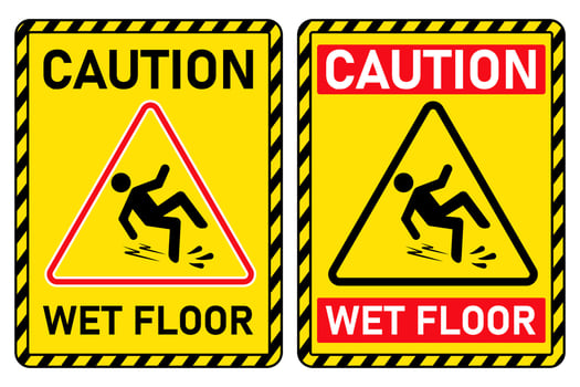 warning caution wet floor slippery after cleaning yellow printable sign template design illustration vector