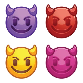 Evil devil emoji. Happy purple emoticon with devil horns, gloating demon cartoon stylized vector collection set icon