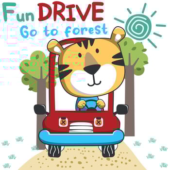 Vector illustration of funy tiger driving the red car. Funny background cartoon style for kids. Little adventure with animals on the road for nursery design, cartoon tshirt art design.