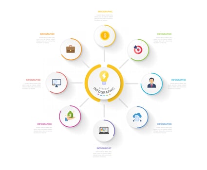 Infographic template for business. 8 Steps Modern Mindmap diagram with percentage circle topics, presentation vector infographic.