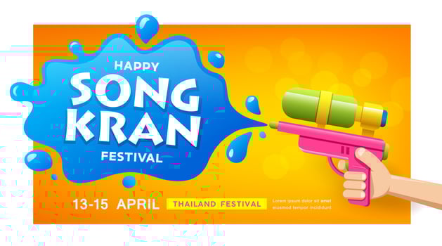 Songkran festival thailand, Water gun in hand and water splash, banner design on yellow background, Eps 10 vector illustration