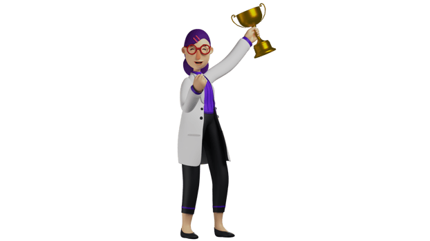 3D Illustration. Authorized Doctor 3D cartoon character. Smart doctor managed to get an award. Cheerful doctor lifted the golden trophy. Doctor clenched his fists happily. 3D cartoon character png