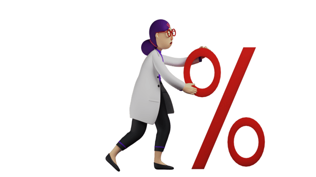 3D Illustration. Female Doctor 3D cartoon character. Doctor works very hard. Doctor looks tired pushing a very large percent symbol. Beautiful doctor with fatigue expression. 3D cartoon character png
