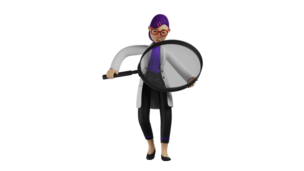 3D Illustration. Doctor 3D cartoon character. Doctor is checking something. Young doctor is examining something using a magnifying glass. Beautiful doctor with a sad expression. 3D cartoon characters png