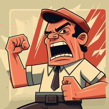A cartoon man with a hat and tie is yelling and has his fist raised. vector