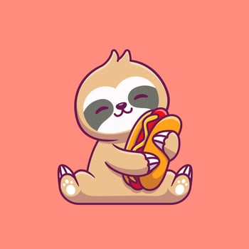 Cute Sloth Hug Hotdog Cartoon Vector Icon Illustration. Animal Food Icon Concept Isolated Premium Vector. Flat Cartoon Style