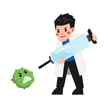 cute male doctor character holding a giant syringe against a virus. concept of vaccine, medicine, hospital, profession, health. flat vector illustration.