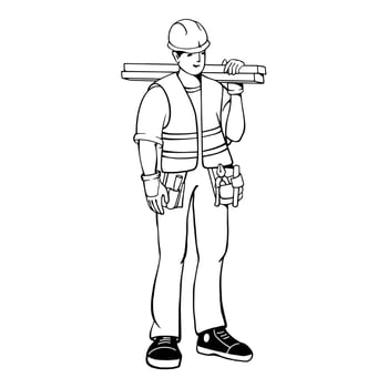 Builder carry planks. Outline carpenter repairman. Business concept. Vector. vector