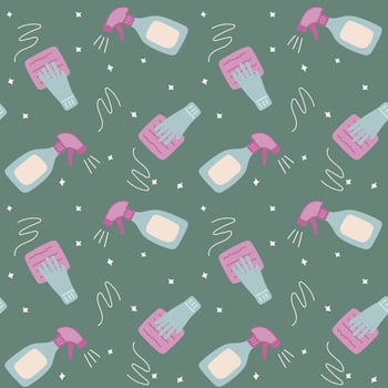 Seamless pattern of a bottle with cleaning agent, gloved hands with a washing cloth. vector