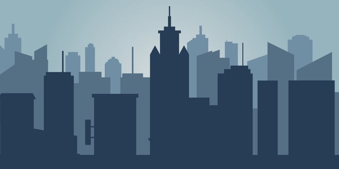 Set of cityscape background. Skyline silhouettes. Modern architecture. Horizontal banner with megapolis panorama. Building icon. Vector illustration. City silhouettes, building vector illustration