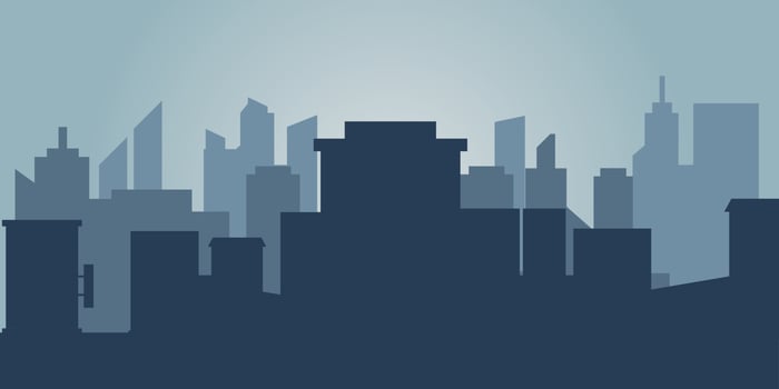 Set of cityscape background. Skyline silhouettes. Modern architecture. Horizontal banner with megapolis panorama. Building icon. Vector illustration. City silhouettes, building vector illustration