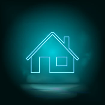 Blue neon building, home. Blue neon, Building vector icon. Vector background