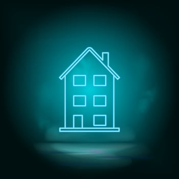 Home blue building neon. Blue neon, Building vector icon. Vector background