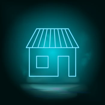 Shop, building neon blue. Blue neon, Building vector icon. Vector background