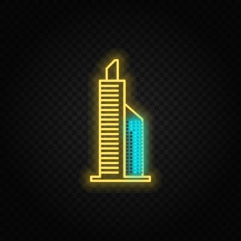 building neon vector icon. Blue and yellow neon vector icon. Vector transparent background