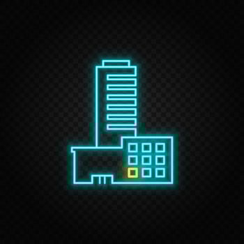 building neon vector icon. Blue and yellow neon vector icon. Vector transparent background