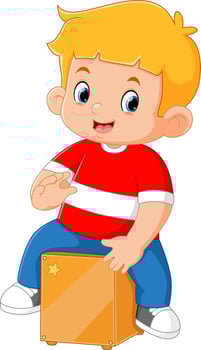 a cute boy playing a cajon drum instrument like a pro vector