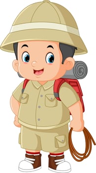 a brave adventurous boy carrying camping equipment and a rope in his hand vector