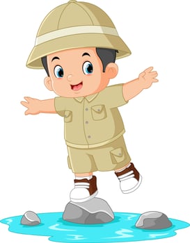 an adventurous boy jumps between the rocks in the river vector