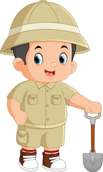 a cute adventurous boy poses with a shovel to dig for treasure vector
