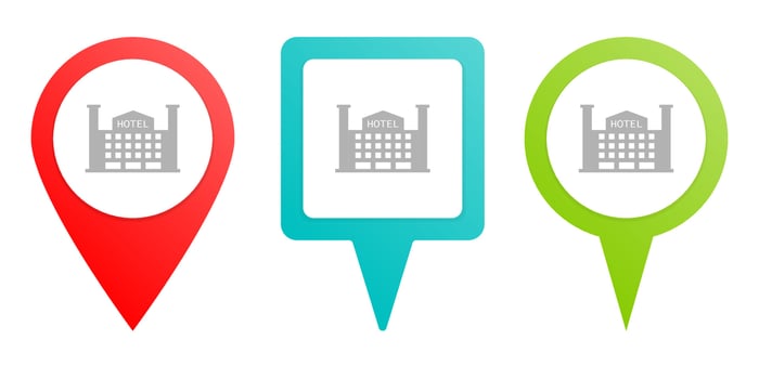 building hotel. Multicolor pin vector icon, diferent type map and navigation point on white background