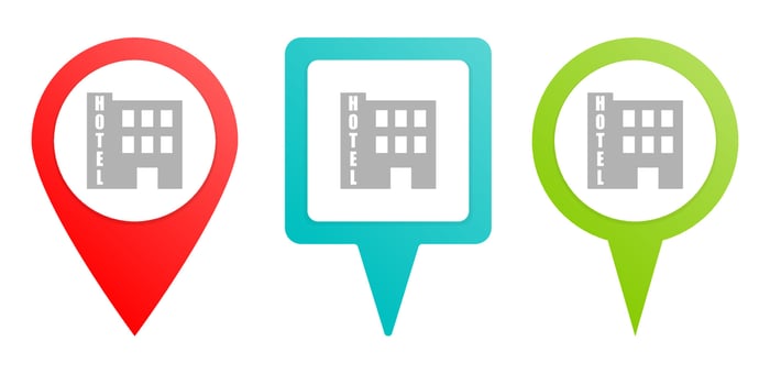 building hotel. Multicolor pin vector icon, diferent type map and navigation point on white background