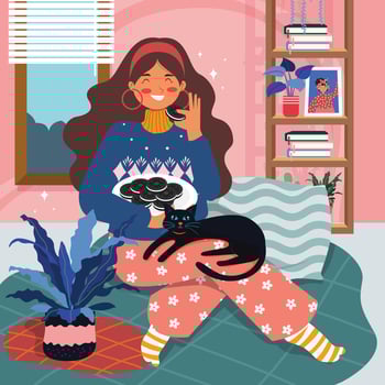 Girl Enjoying Me Time with Cookies and Cat vector