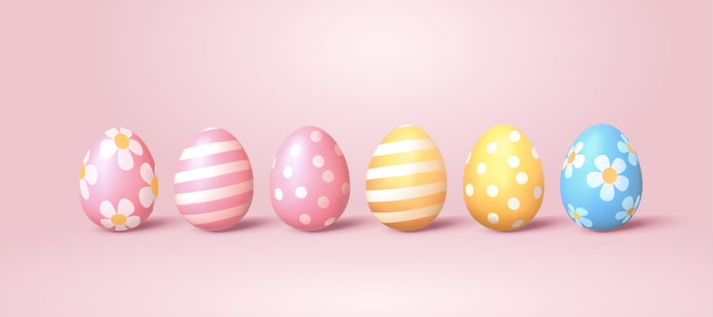 Easter painted egg with beautiful pattern. 3d holiday elements isolated on pink background. vector