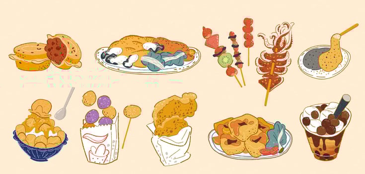 Taiwan street food doodle set, including wheel cake, oyster omelet, tanghulu, grilled squid, mochi, mango shaved ice, fried sweet potato balls, fried chicken fillet, stinky tofu, bubble milk tea vector