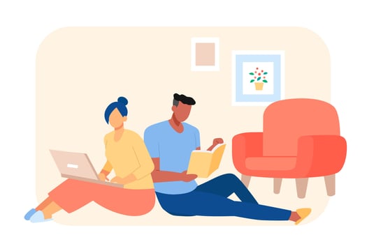 Flat style illustration, couple staying at home. Woman using laptop and man reading a book in the living room vector
