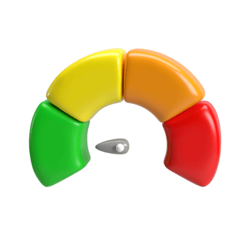 3d icon speedometer meter with arrow for dashboard with green, yellow, orange and red indicators. Gauge of tachometer. Low, medium, high and risk levels. isolated transparent png
