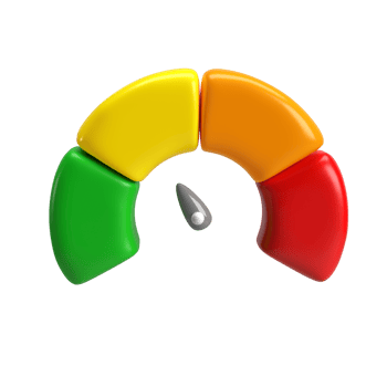 3d icon speedometer meter with arrow for dashboard with green, yellow, orange and red indicators. Gauge of tachometer. Low, medium, high and risk levels. isolated transparent png