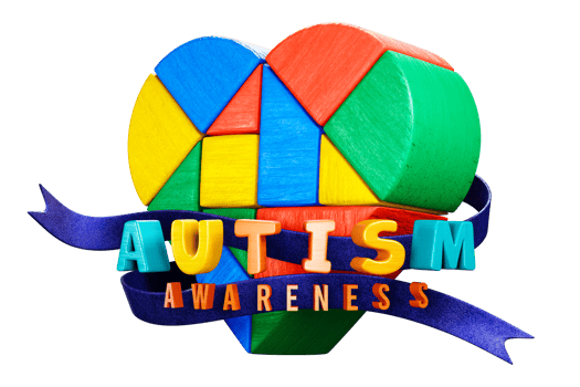 banner reading Autism awareness beside a ribbon and a heart-shaped puzzle jigsaw. png