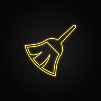 Yellow neon icon broom, duster. Transparent background. Yellow neon vector icon on dark background