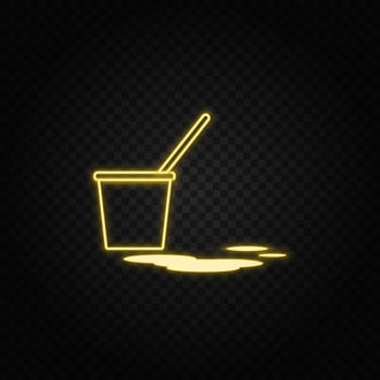 Yellow neon icon bucket, mop. Transparent background. Yellow neon vector icon on dark background