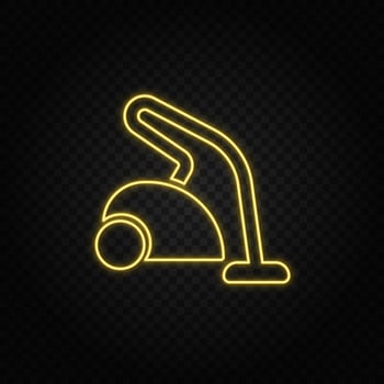 Yellow neon icon cleaner, vacuum. Transparent background. Yellow neon vector icon on dark background