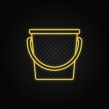 Yellow neon icon bucket, ice bucket. Transparent background. Yellow neon vector icon on dark background