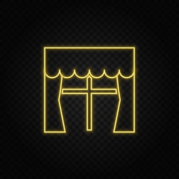 Yellow neon icon casement window, curtains. Transparent background. Yellow neon vector icon on dark background